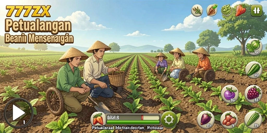 Tampilan gameplay <strong>777ZX</strong> menampilkan pertanian yang indah dan interaksi dengan hewan.