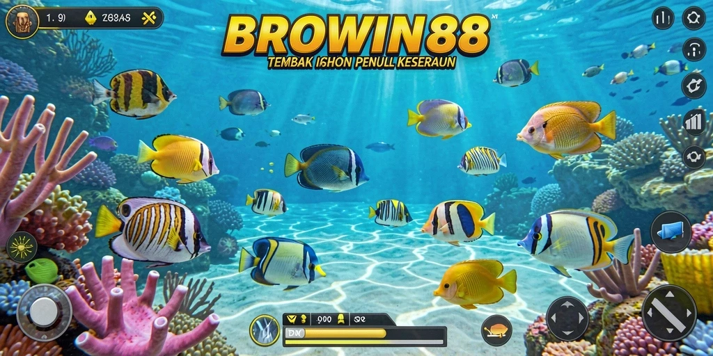 Tampilan utama gameplay BROWIN88 dengan berbagai jenis ikan yang menanti untuk ditangkap.
