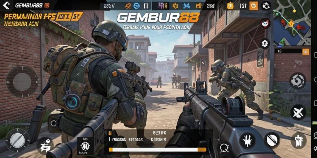 Tampilan aksi epik dalam GEMBUR88 menampilkan gameplay FPS yang intens.