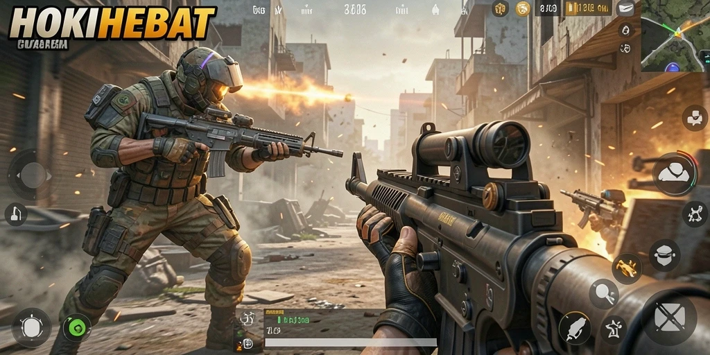 Screenshot HOKIHEBAT menampilkan aksi tembak-menembak yang seru dan mendebarkan.